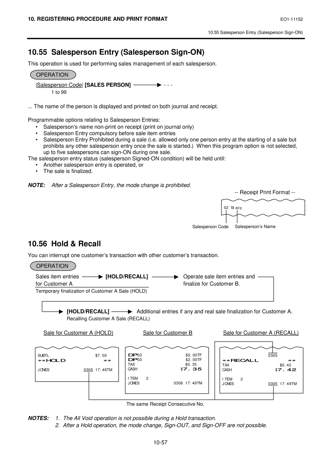 Toshiba MA-1595-1 owner manual Salesperson Entry Salesperson Sign-ON, Hold & Recall, Hold/Recall 