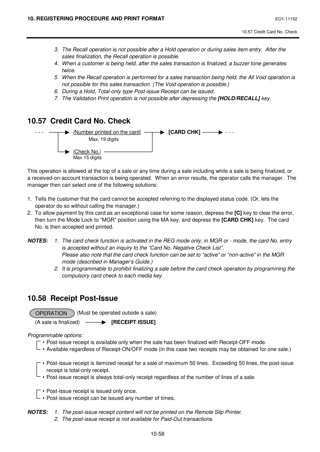 Toshiba MA-1595-1 owner manual Credit Card No. Check, Receipt Post-Issue, Number printed on the card, Receipt Issue 