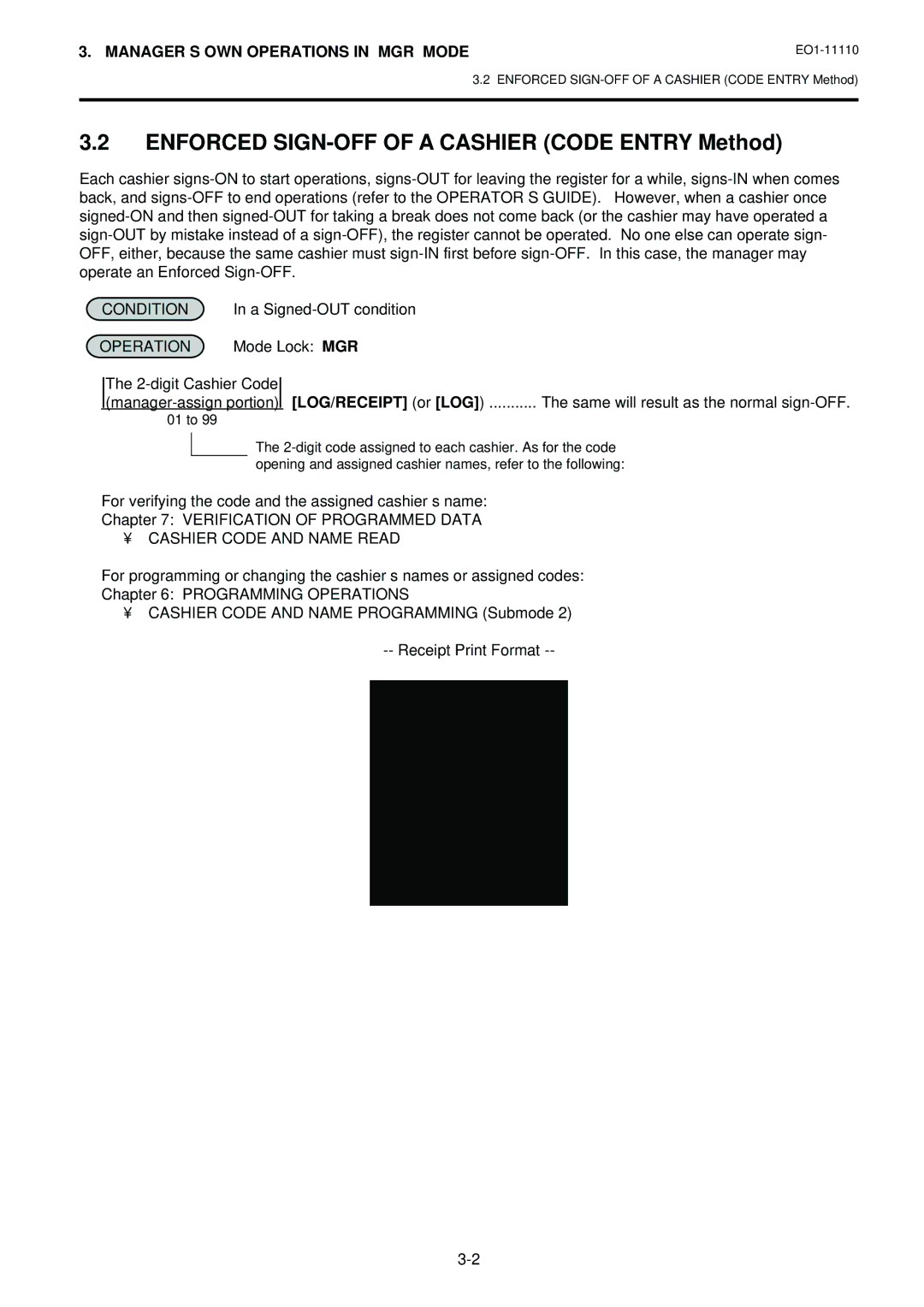 Toshiba MA-1650-4 Enforced SIGN-OFF of a Cashier Code Entry Method, LOG/RECEIPT or LOG, Cashier Code and Name Read 