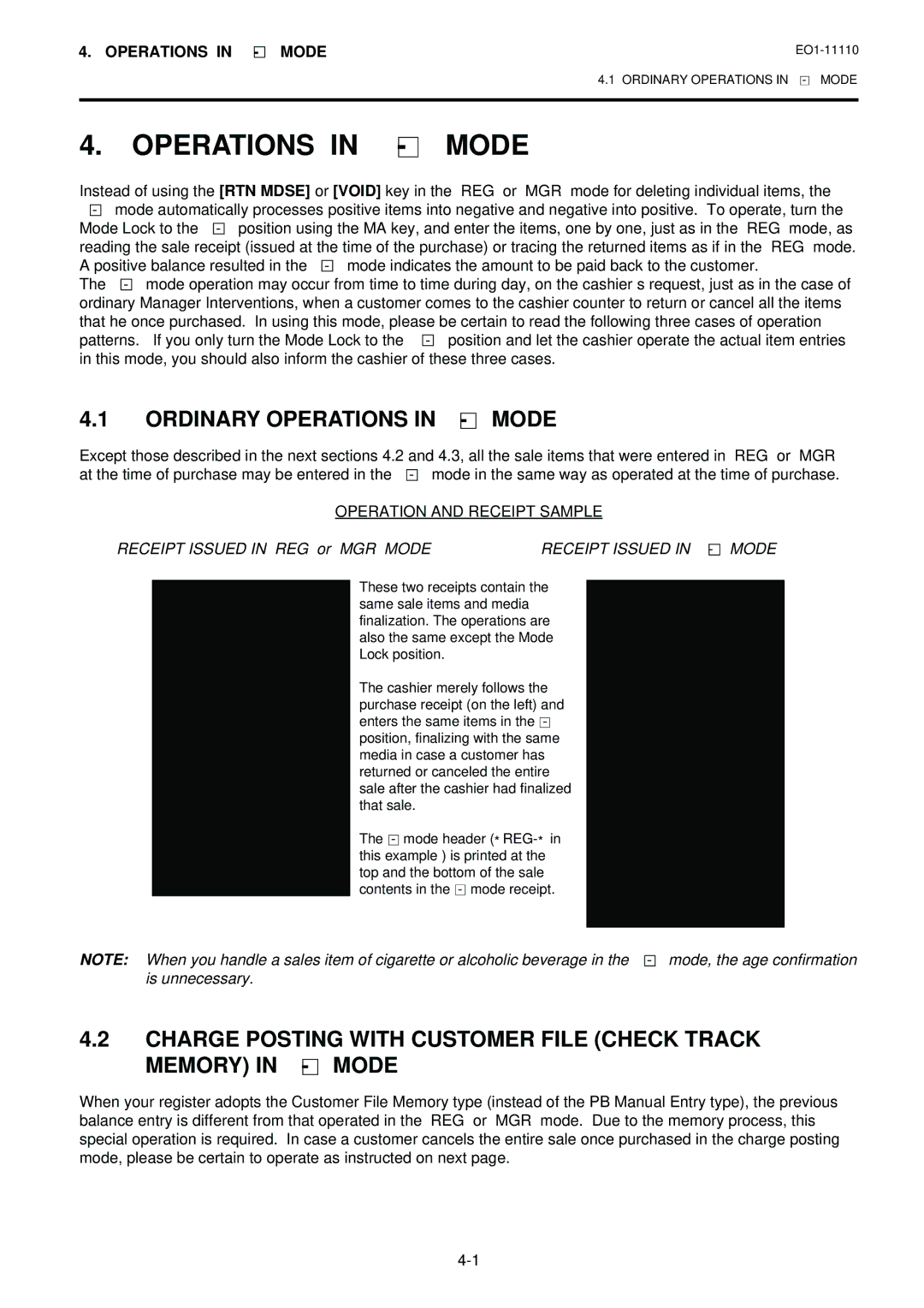 Toshiba MA-1650-4 Ordinary Operations in Mode, Operation and Receipt Sample, Receipt Issued in REG or MGR Mode 