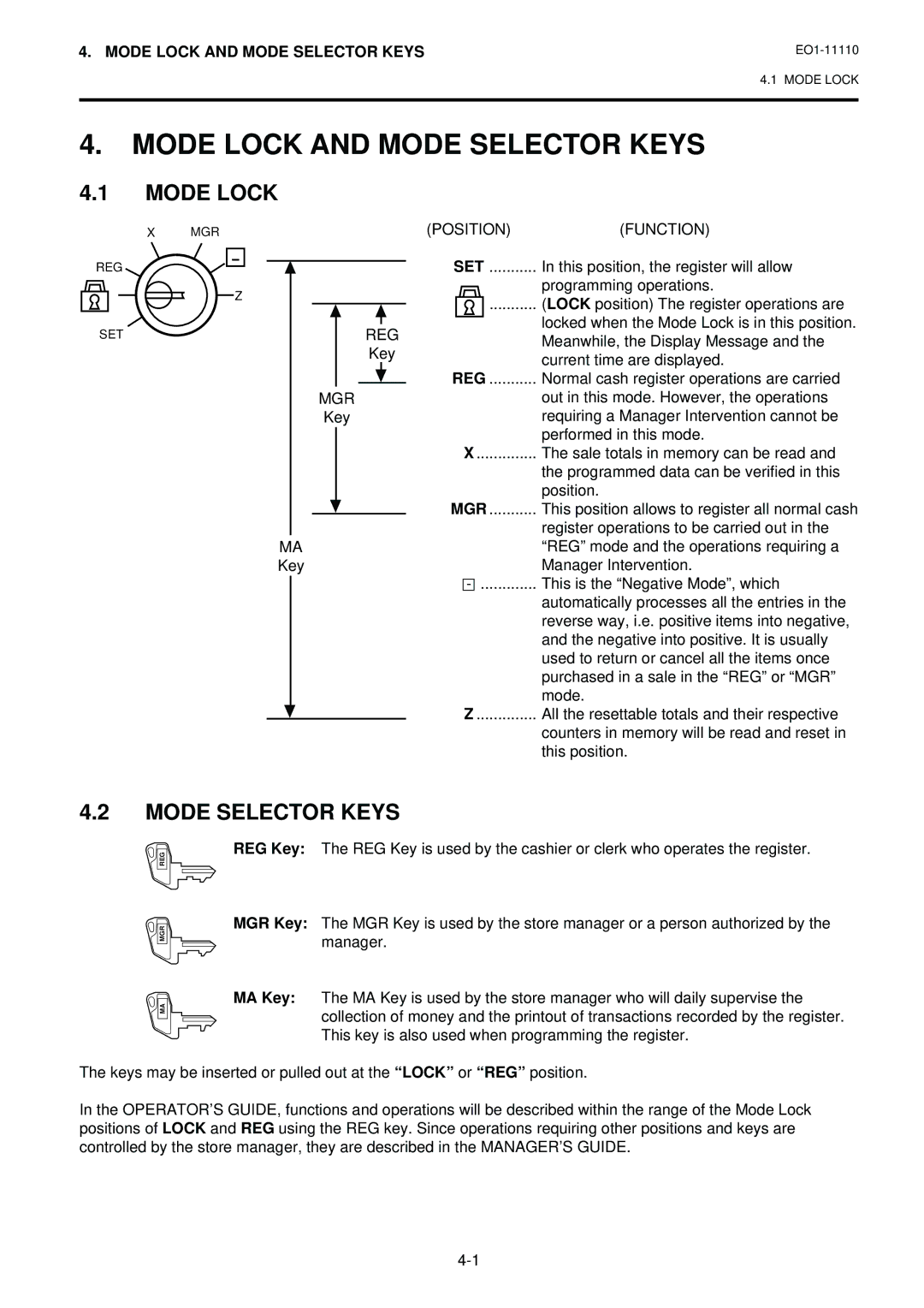 Toshiba MA-1650-4 owner manual Mode Lock and Mode Selector Keys 