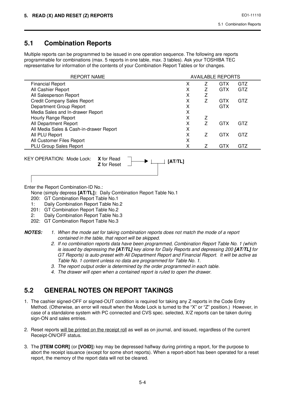 Toshiba MA-1650-4 owner manual Combination Reports, General Notes on Report Takings, Report Name Available Reports, Gtx Gtz 