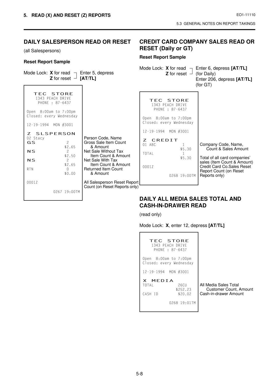 Toshiba MA-1650-4 owner manual Daily Salesperson Read or Reset, Credit Card Company Sales Read or Reset Daily or GT 