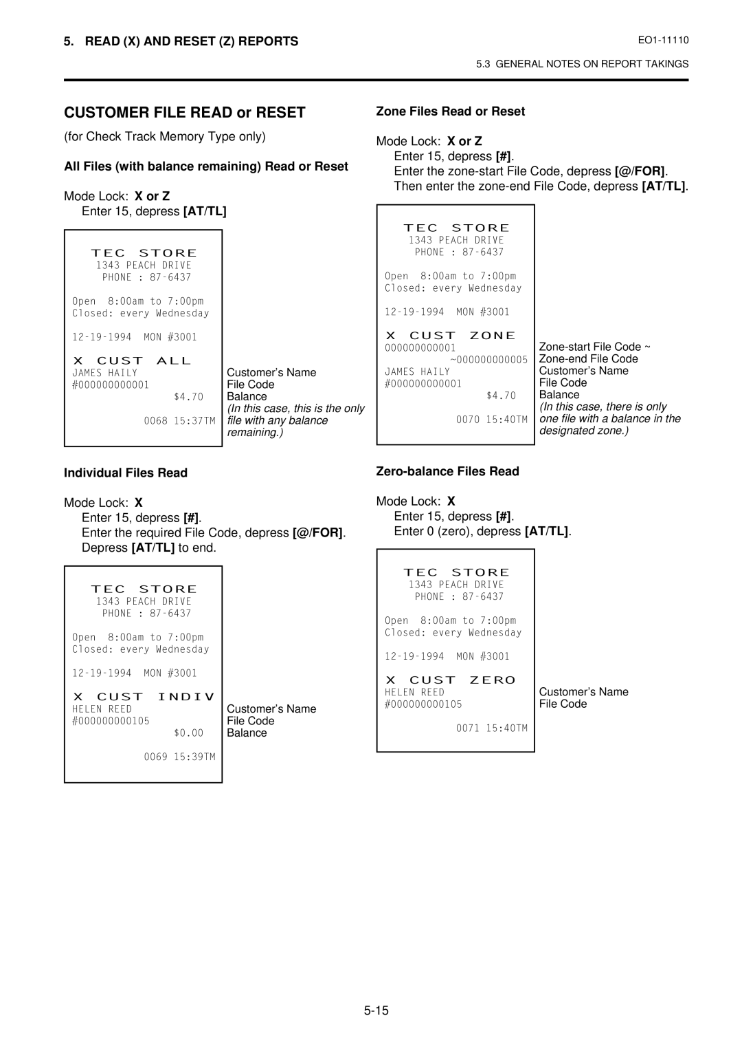 Toshiba MA-1650-4 Customer File Read or Reset, All Files with balance remaining Read or Reset, Zone Files Read or Reset 