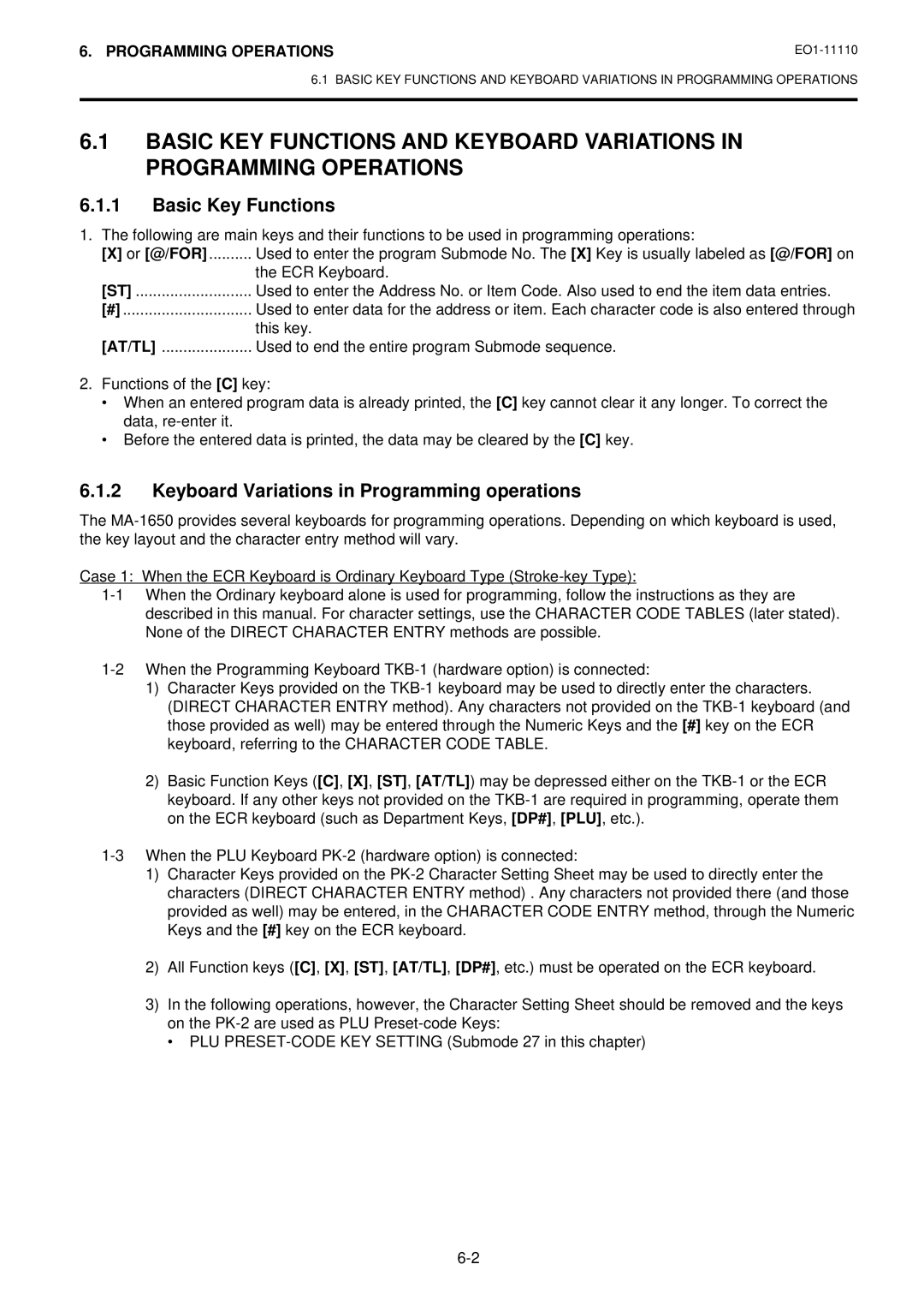 Toshiba MA-1650-4 owner manual Basic Key Functions, Keyboard Variations in Programming operations 