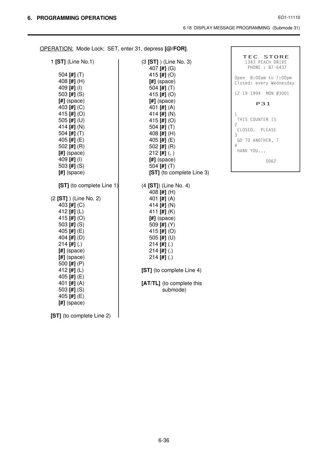 Toshiba MA-1650-4 owner manual Operation Mode Lock SET, enter 31, depress @/FOR, ST to complete Line 