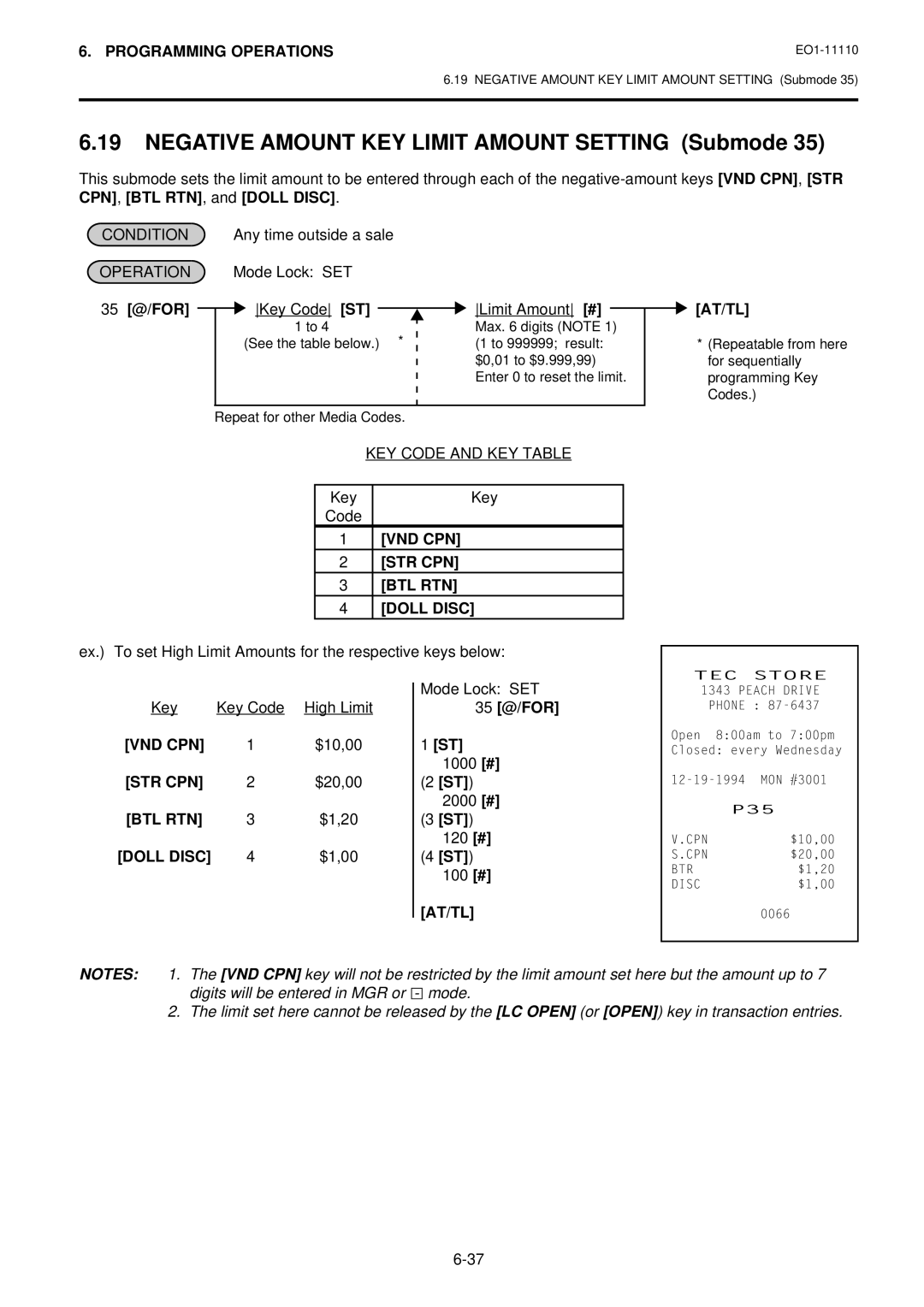 Toshiba MA-1650-4 Negative Amount KEY Limit Amount Setting Submode, KEY Code and KEY Table, 35 @/FOR ST 1000 # 