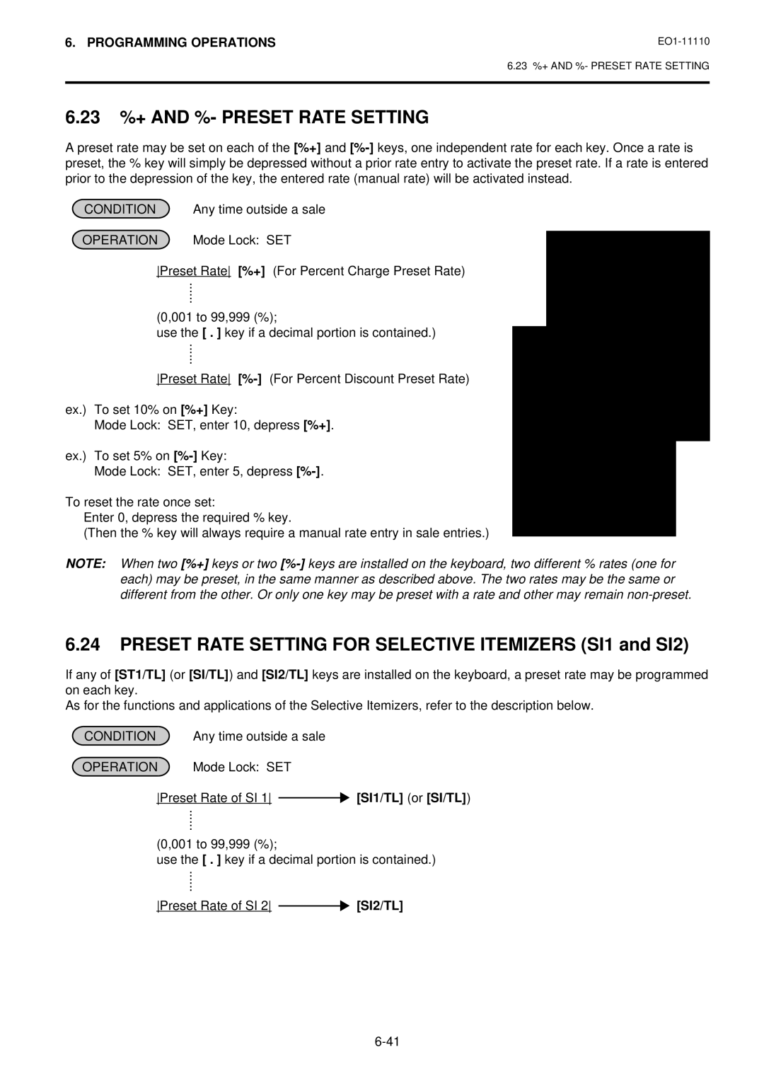 Toshiba MA-1650-4 23 %+ and %- Preset Rate Setting, Preset Rate Setting for Selective Itemizers SI1 and SI2, SI2/TL 