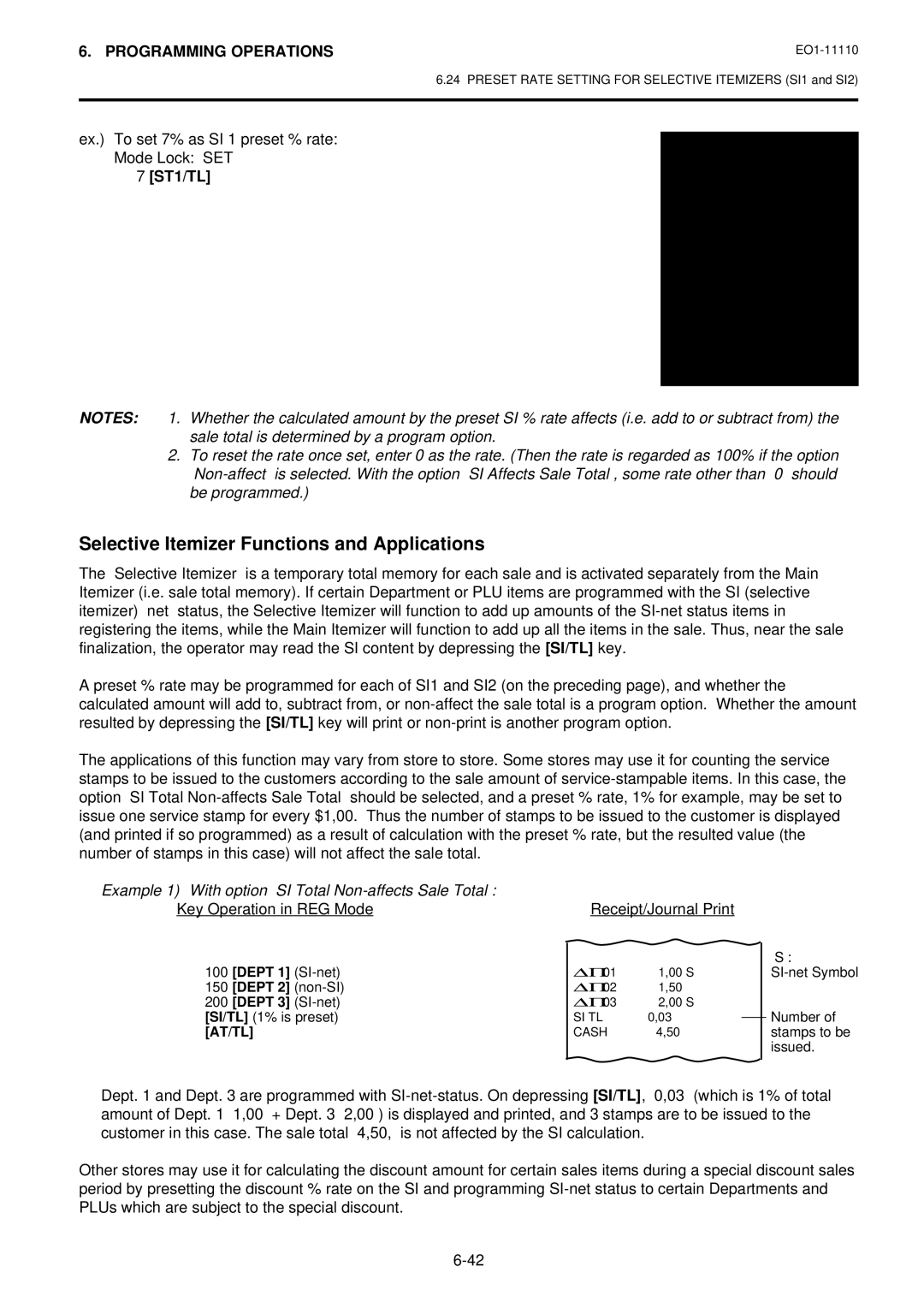 Toshiba MA-1650-4 Selective Itemizer Functions and Applications, Ex. To set 7% as SI 1 preset % rate Mode Lock SET, ST1/TL 