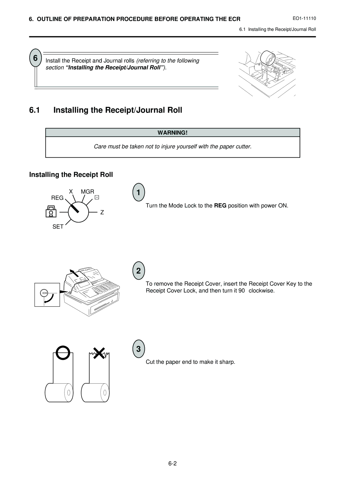 Toshiba MA-1650-4 owner manual Installing the Receipt/Journal Roll, Installing the Receipt Roll, Mgr Reg 