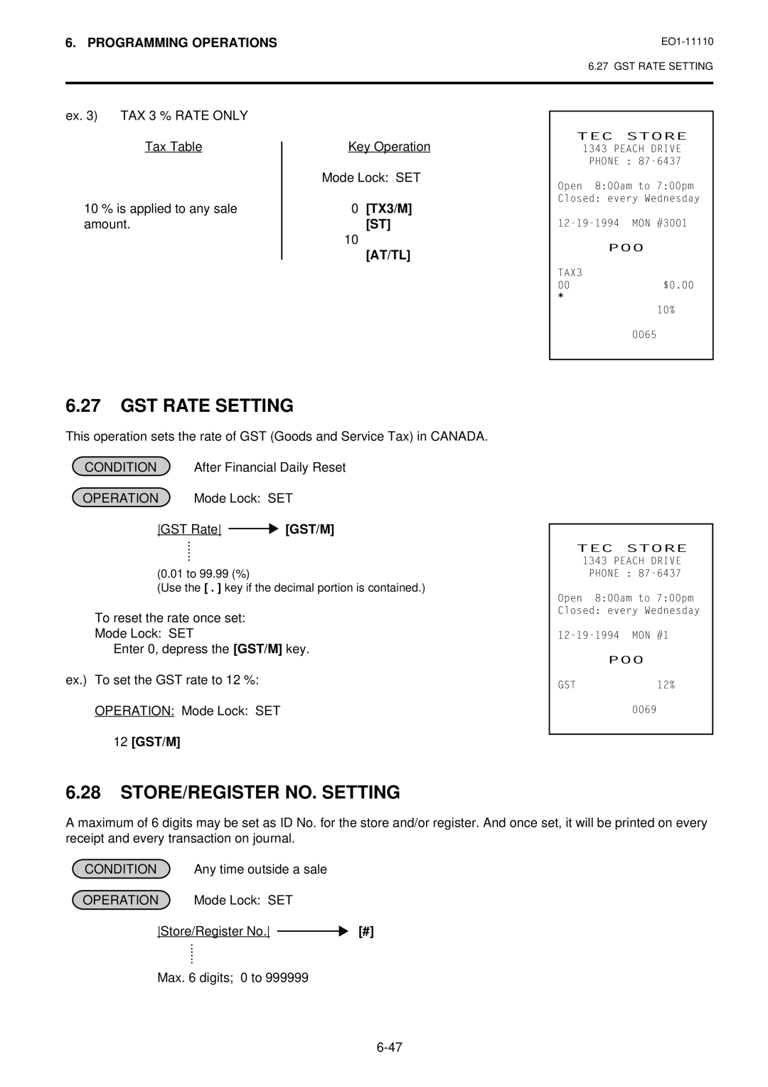 Toshiba MA-1650-4 owner manual GST Rate Setting, STORE/REGISTER NO. Setting, TX3/M, 12 GST/M 