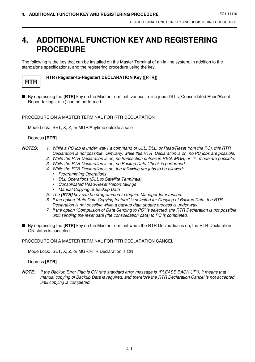 Toshiba MA-1650-4 Additional Function KEY and Registering Procedure, Rtr, RTR Register-to-Register Declaration Key RTR 