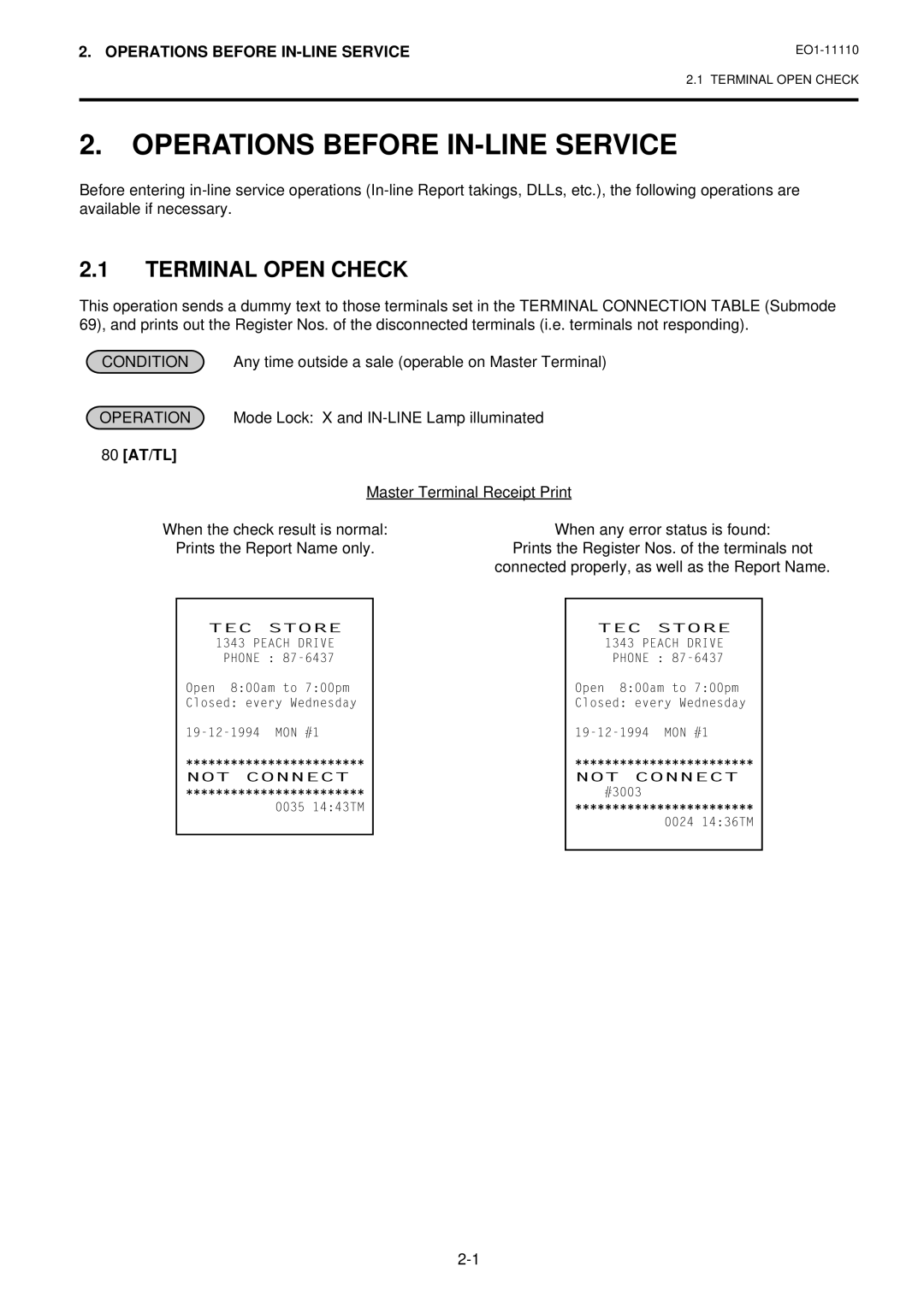 Toshiba MA-1650-4 owner manual Operations Before IN-LINE Service, Terminal Open Check, 80 AT/TL 