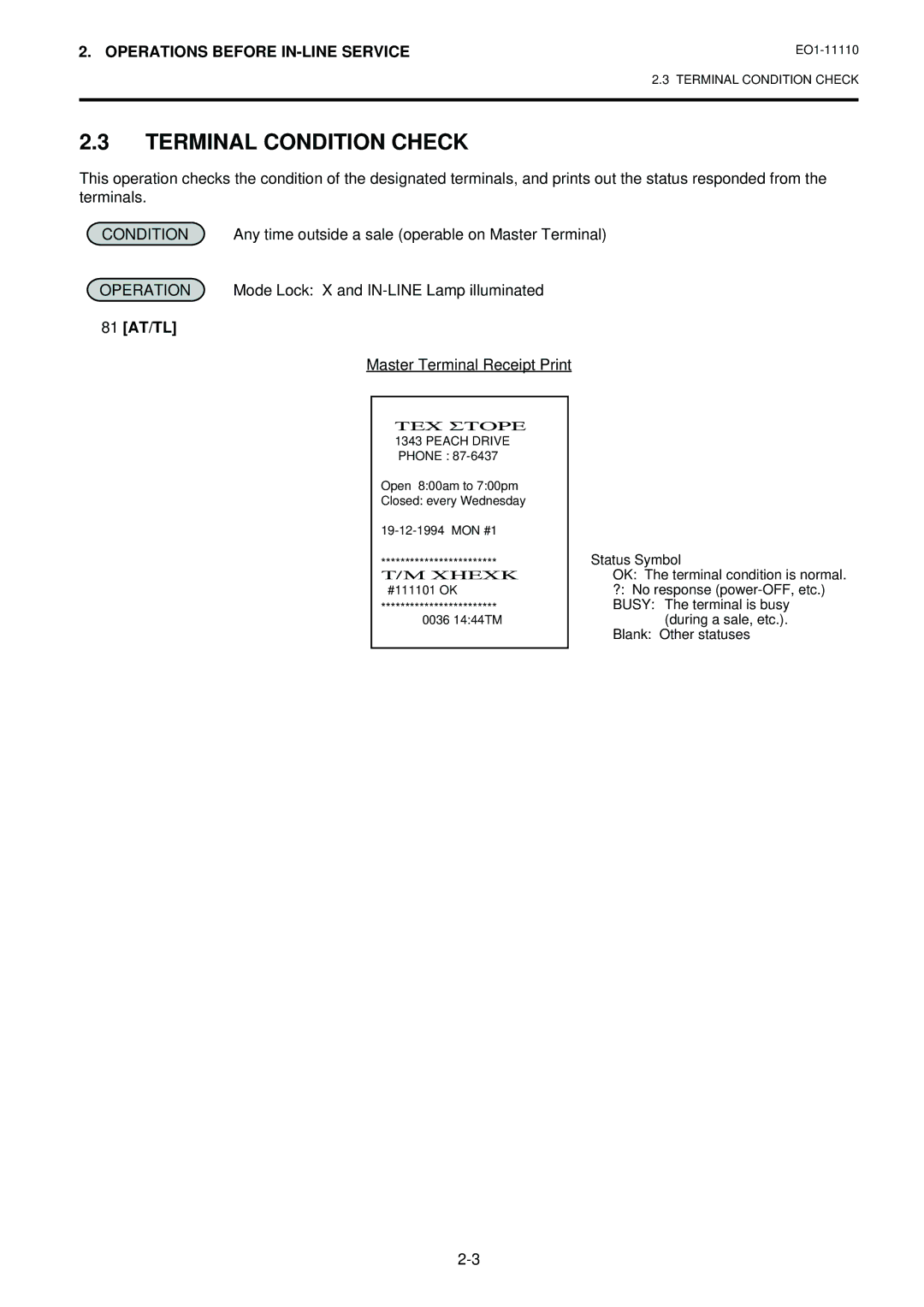 Toshiba MA-1650-4 owner manual Terminal Condition Check, 81 AT/TL 