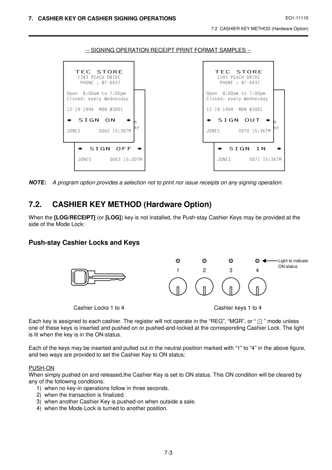 Toshiba MA-1650-4 owner manual Cashier KEY Method Hardware Option, Push-stay Cashier Locks and Keys, Push-On 