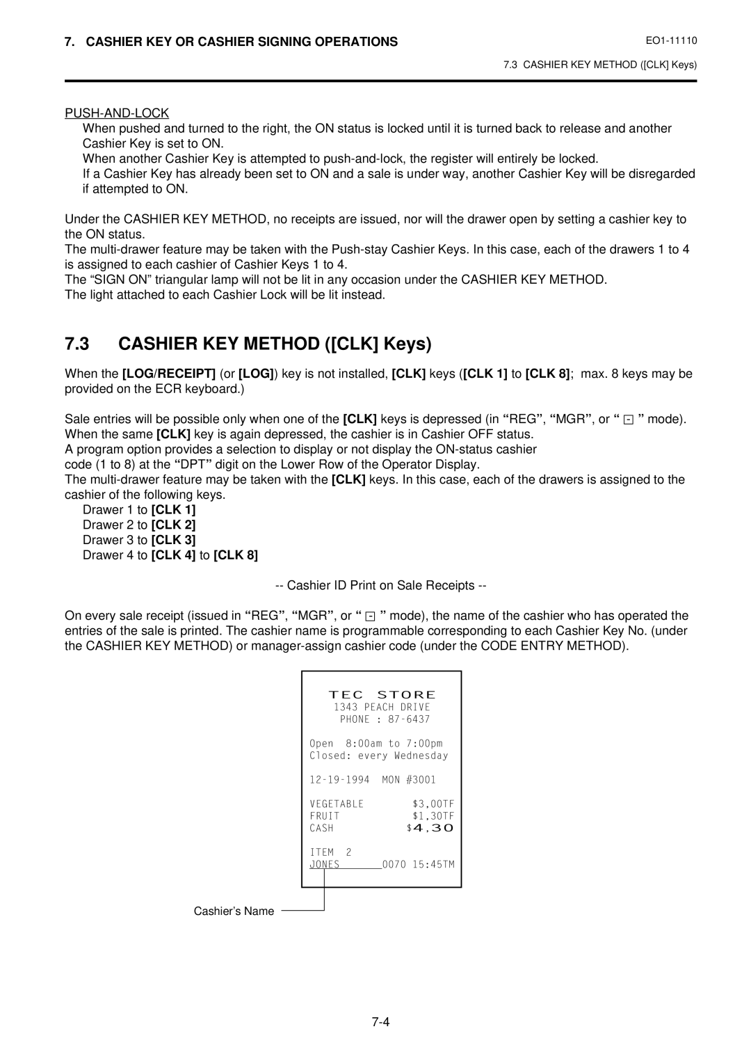 Toshiba MA-1650-4 owner manual Cashier KEY Method CLK Keys, Push-And-Lock 