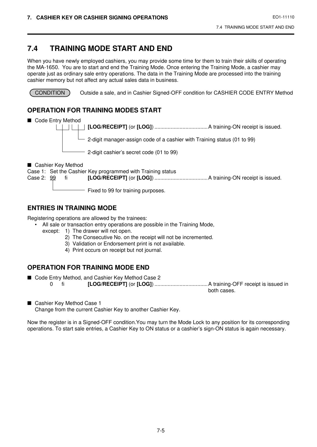 Toshiba MA-1650-4 Training Mode Start and END, Operation for Training Modes Start, Entries in Training Mode, Condition 