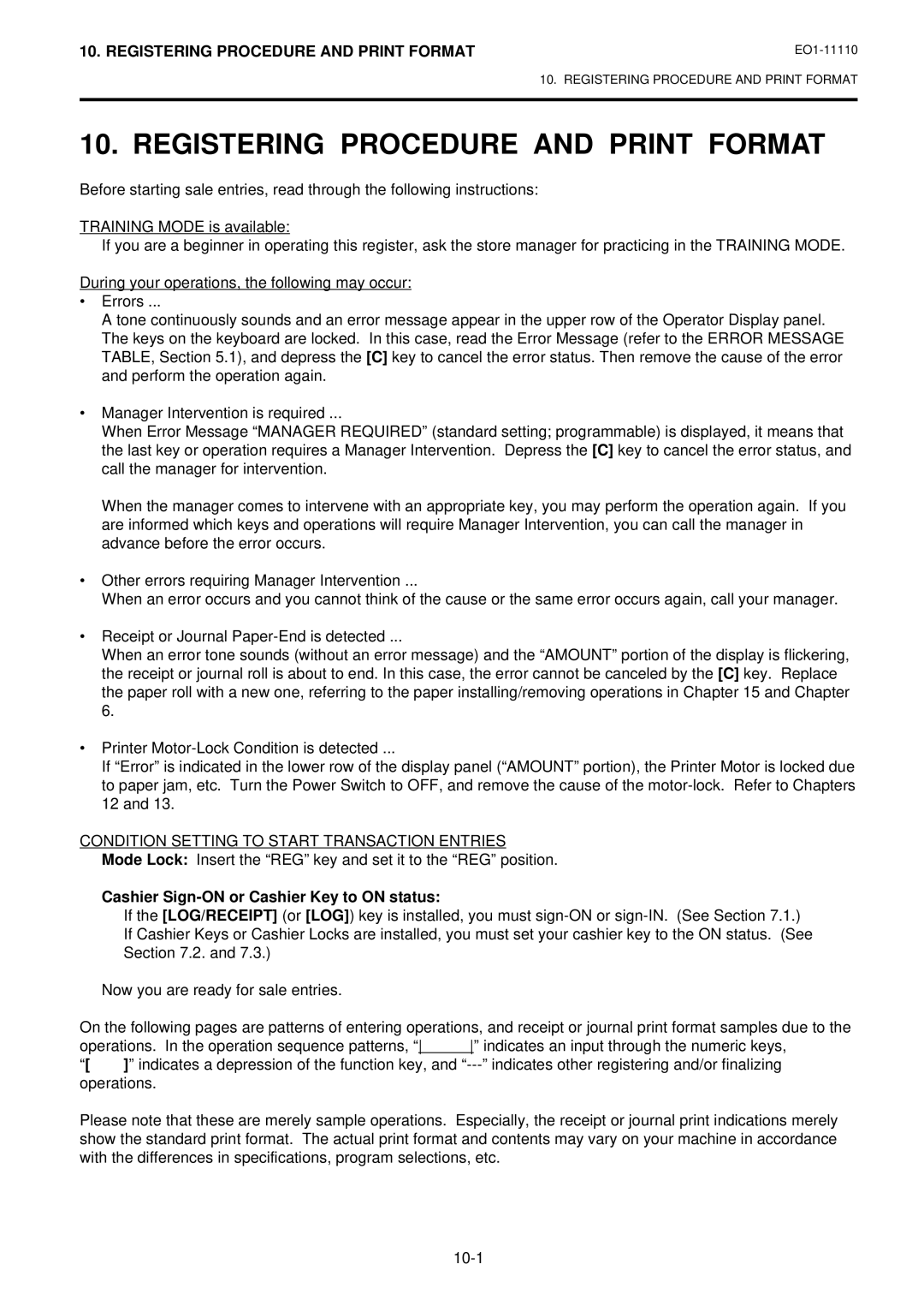 Toshiba MA-1650-4 owner manual Registering Procedure and Print Format, Condition Setting to Start Transaction Entries 