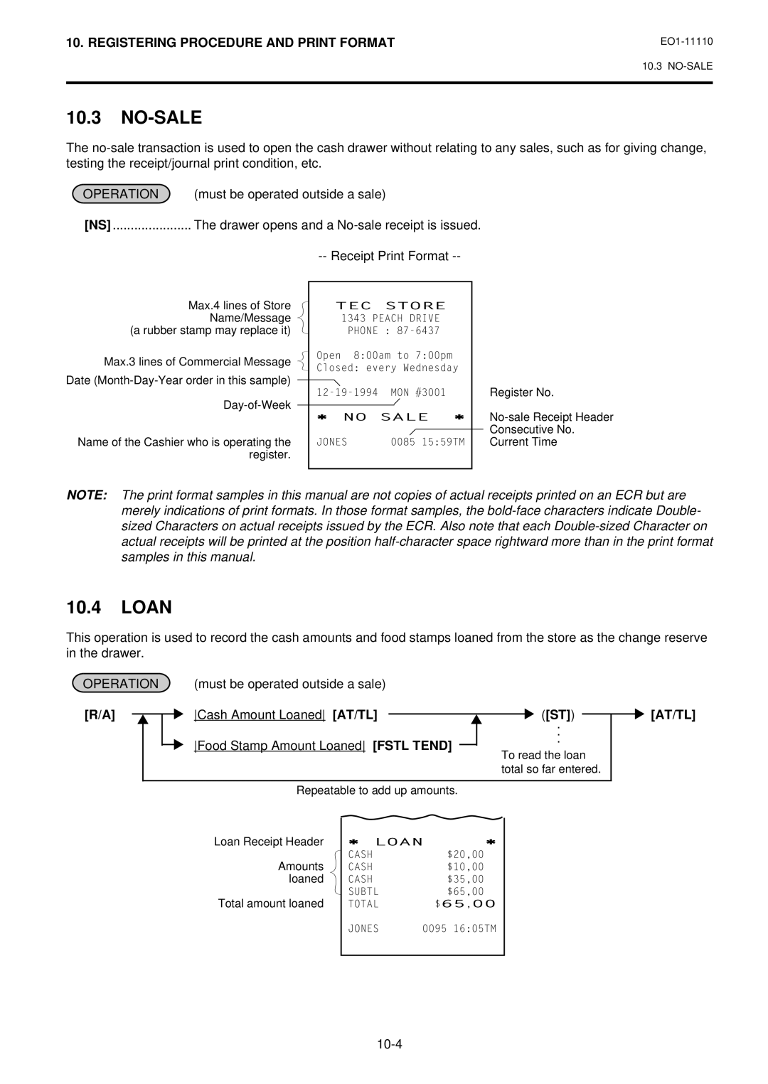 Toshiba MA-1650-4 owner manual No-Sale, Loan, Drawer opens and a No-sale receipt is issued, Receipt Print Format, At/Tl 