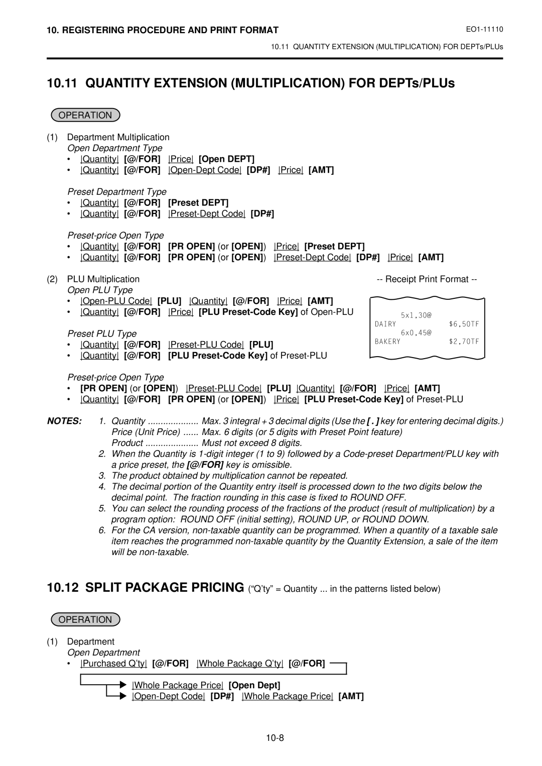 Toshiba MA-1650-4 owner manual Quantity Extension Multiplication for DEPTs/PLUs, Quantity @/FOR Price Open Dept 