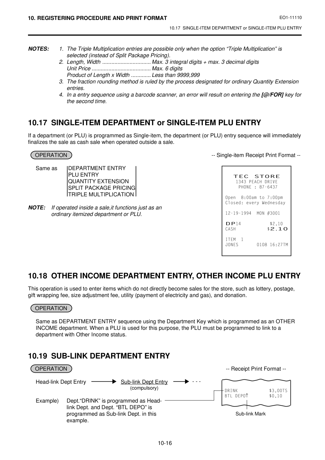 Toshiba MA-1650-4 SINGLE-ITEM Department or SINGLE-ITEM PLU Entry, Other Income Department ENTRY, Other Income PLU Entry 