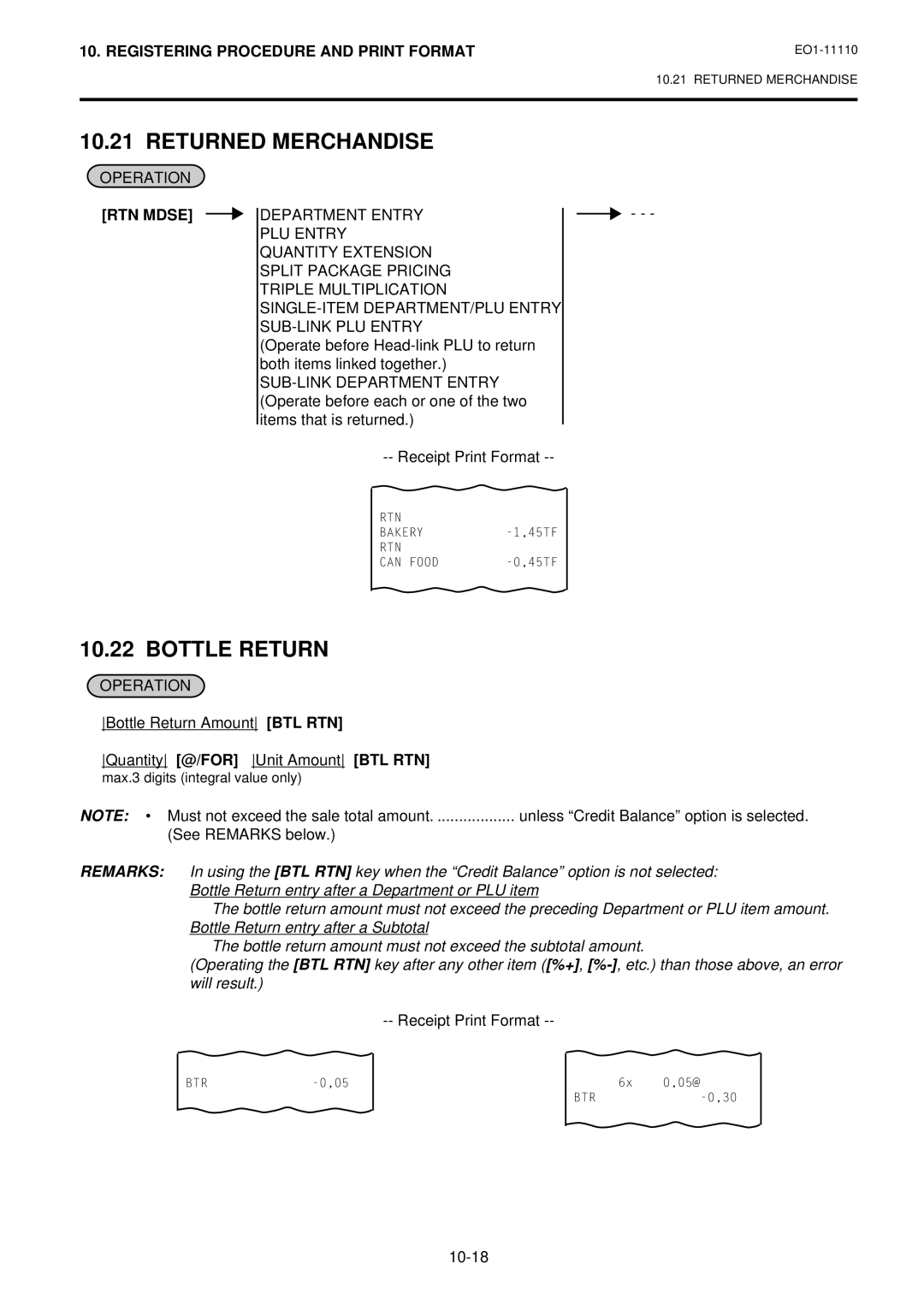 Toshiba MA-1650-4 owner manual Returned Merchandise, Bottle Return, RTN Mdse, @/FOR Unit Amount BTL RTN 