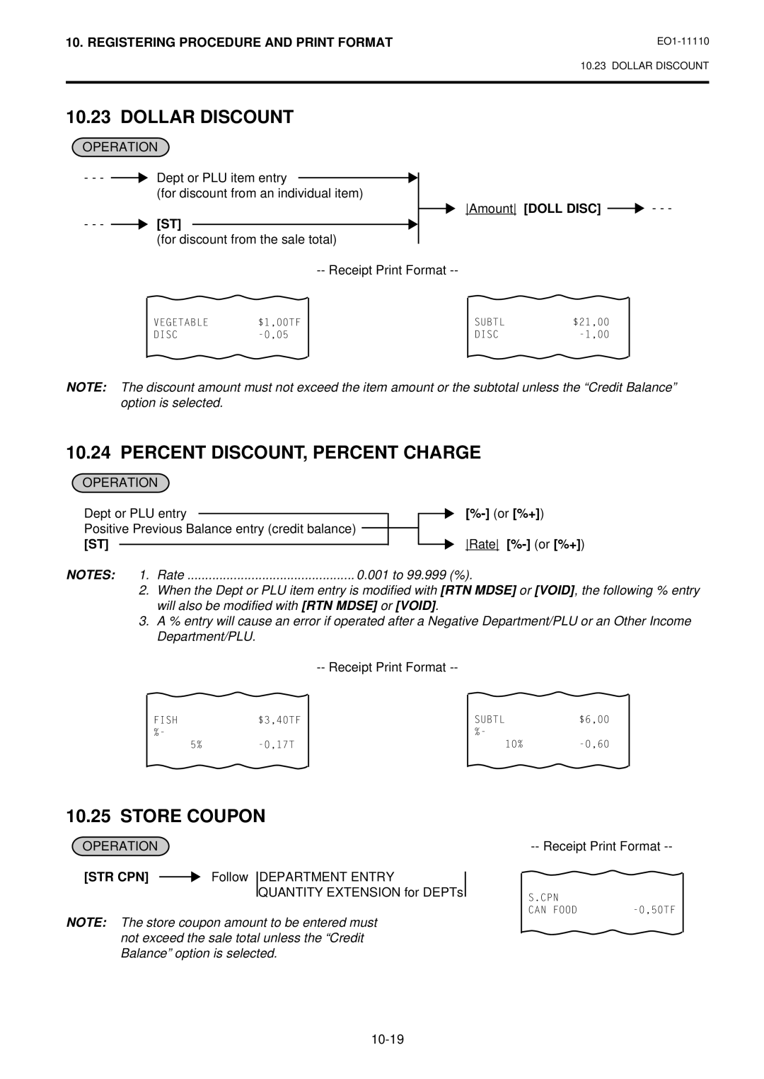 Toshiba MA-1650-4 owner manual Dollar Discount, Percent DISCOUNT, Percent Charge, Store Coupon, Str Cpn 