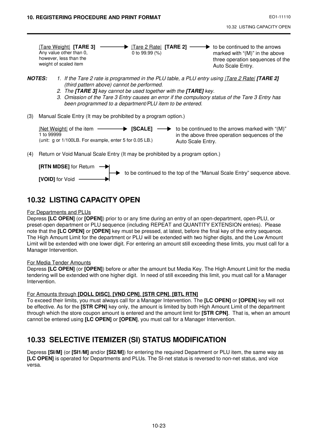 Toshiba MA-1650-4 Listing Capacity Open, Selective Itemizer SI Status Modification, Tare Weight Tare Tare 2 Rate Tare 