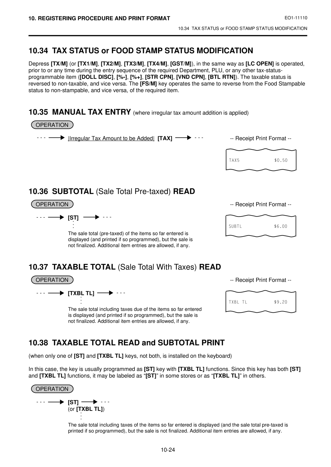 Toshiba MA-1650-4 TAX Status or Food Stamp Status Modification, Taxable Total Read and Subtotal Print, Or Txbl TL 