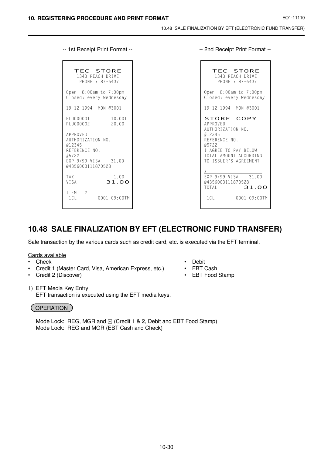 Toshiba MA-1650-4 Sale Finalization by EFT Electronic Fund Transfer, 1st Receipt Print Format, 2nd Receipt Print Format 