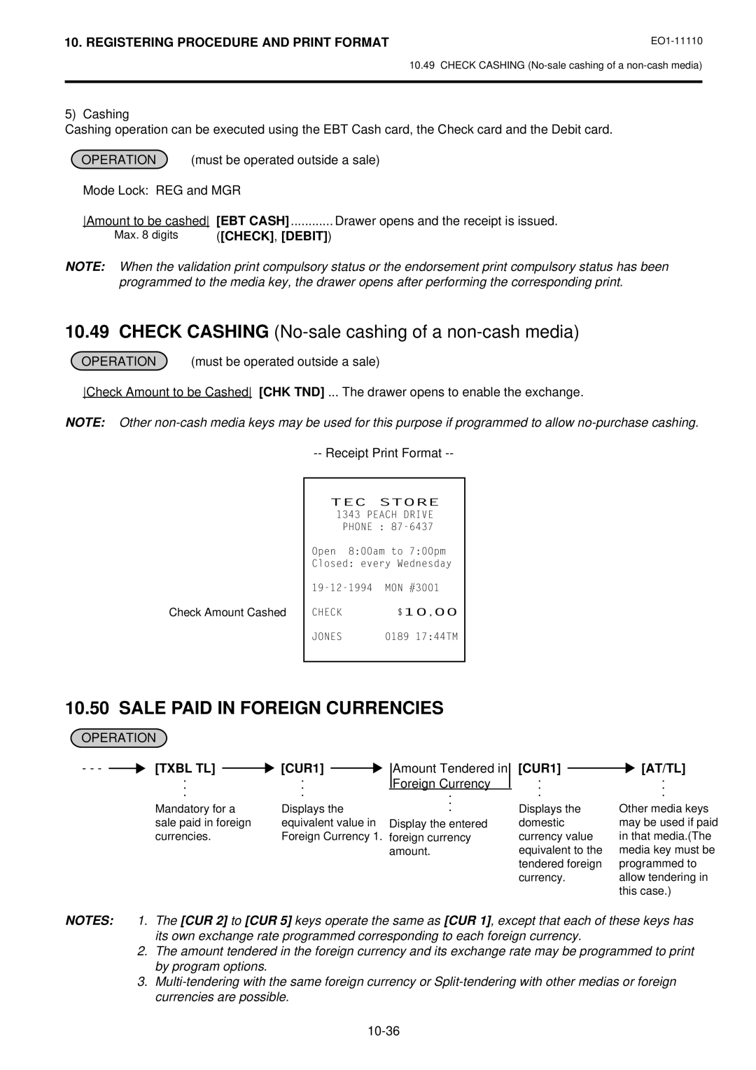 Toshiba MA-1650-4 owner manual Sale Paid in Foreign Currencies, Check , Debit, CUR1, Amount Tendered Foreign Currency 