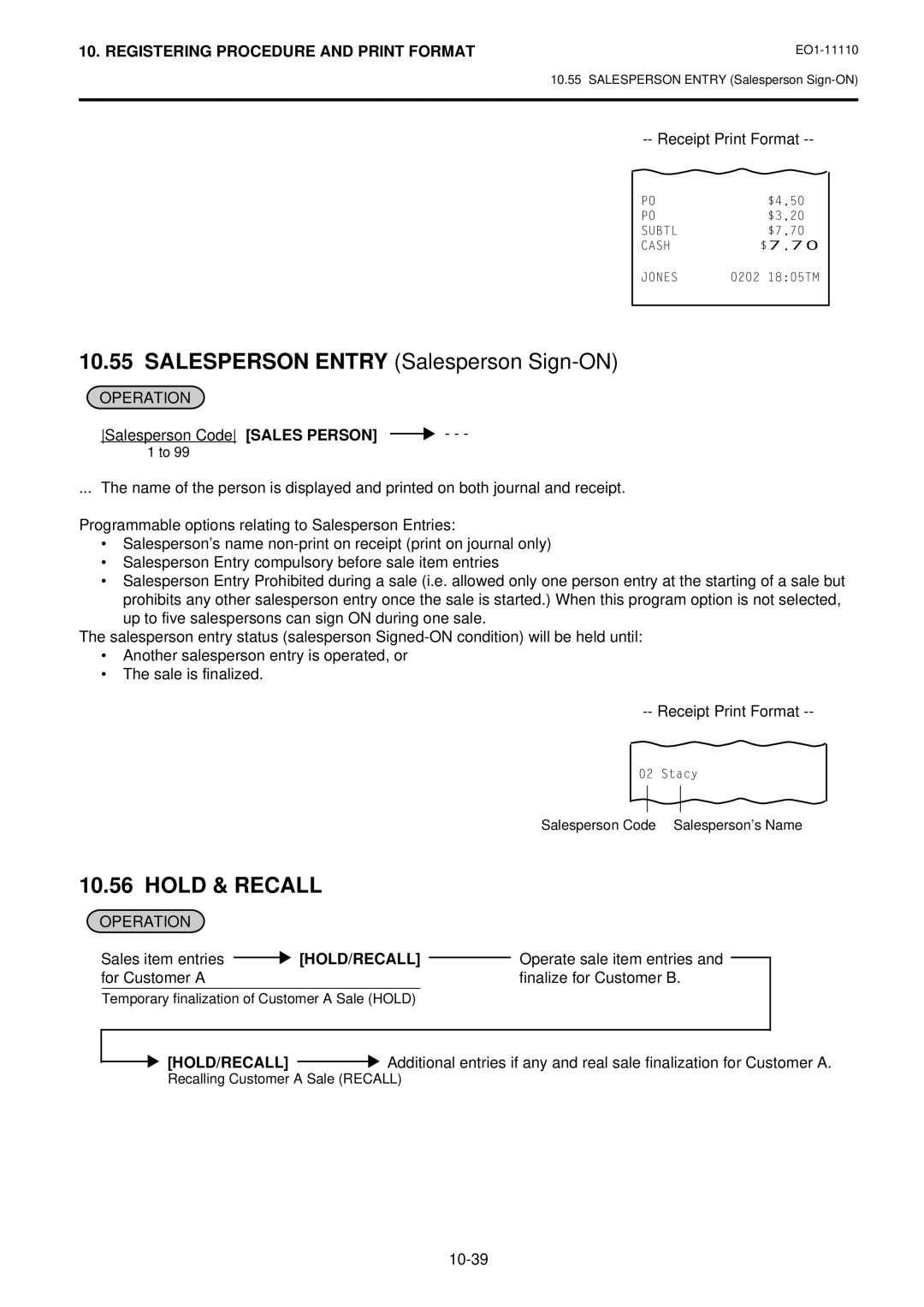 Toshiba MA-1650-4 owner manual Hold & Recall, Sales item entries, Hold/Recall, Operate sale item entries 