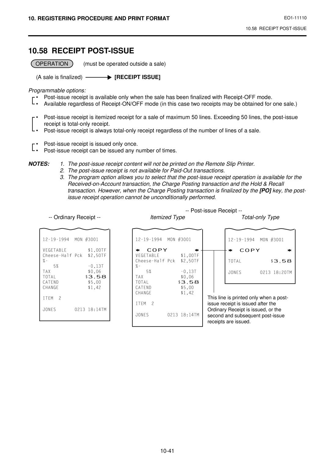 Toshiba MA-1650-4 owner manual Receipt POST-ISSUE, Programmable options, Itemized Type Total-only Type 