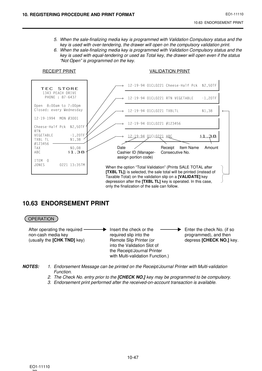 Toshiba MA-1650-4 owner manual Endorsement Print, Receipt Print, Validation Print 