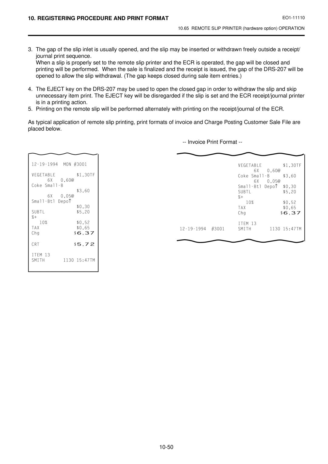 Toshiba MA-1650-4 owner manual Invoice Print Format, 10-50 