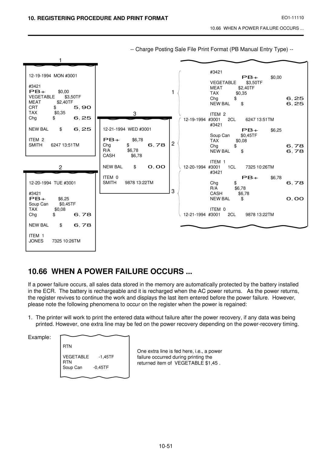 Toshiba MA-1650-4 owner manual When a Power Failure Occurs, Charge Posting Sale File Print Format PB Manual Entry Type 