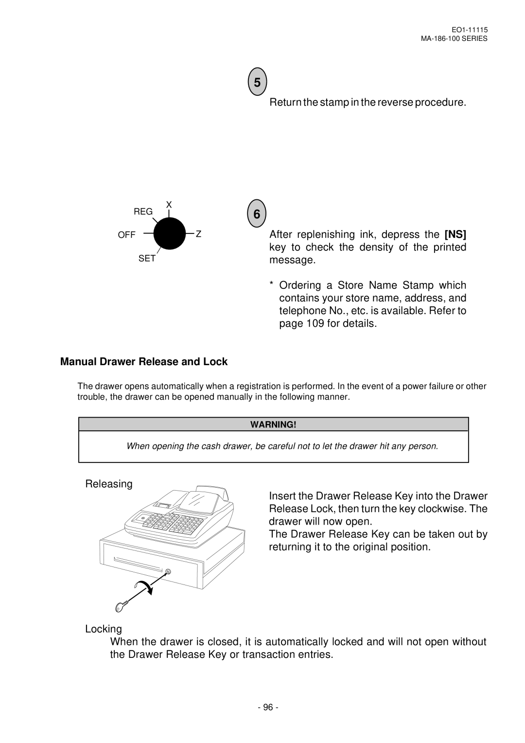 Toshiba MA-186-100 SERIES, EO1-11115 owner manual Manual Drawer Release and Lock, Reg Off 