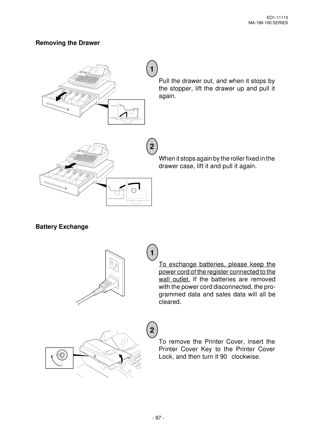 Toshiba MA-186-100 SERIES, EO1-11115 owner manual Removing the Drawer, Battery Exchange 