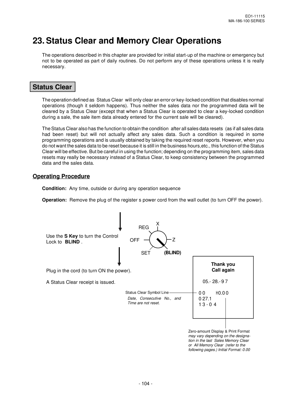 Toshiba EO1-11115, MA-186-100 SERIES owner manual Status Clear and Memory Clear Operations, Operating Procedure, 27.1 