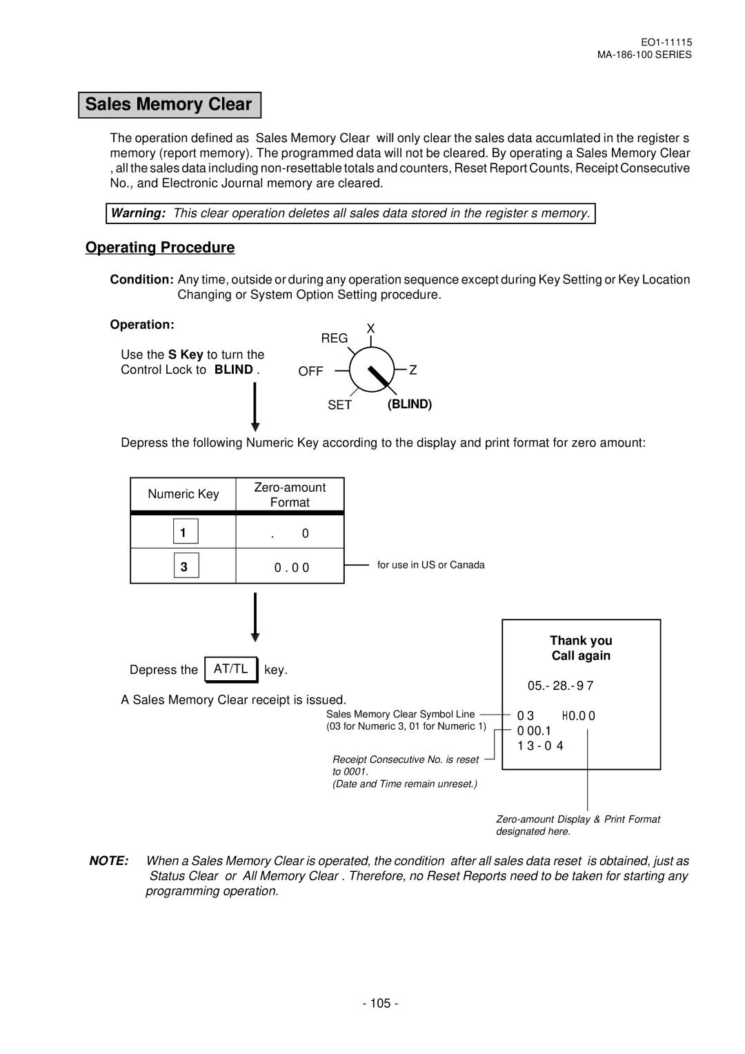 Toshiba MA-186-100 SERIES, EO1-11115 owner manual Sales Memory Clear, OperationX, 05.- 28.- 9 00.1 