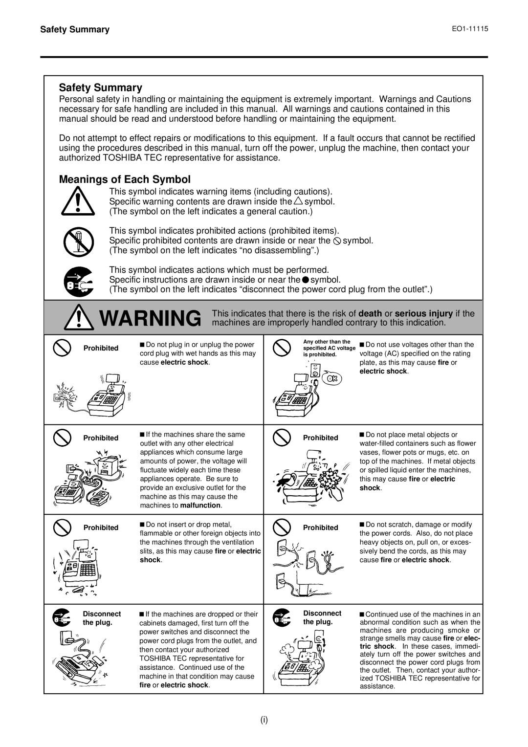 Toshiba MA-186-100 SERIES, EO1-11115 owner manual Safety Summary, Meanings of Each Symbol 