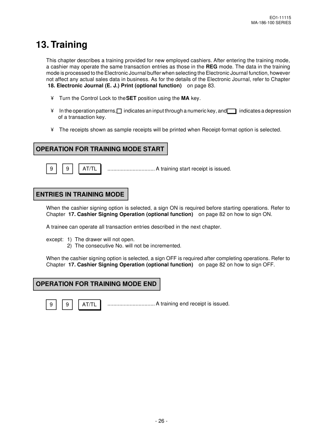 Toshiba EO1-11115, MA-186-100 SERIES owner manual Entries in Training Mode 