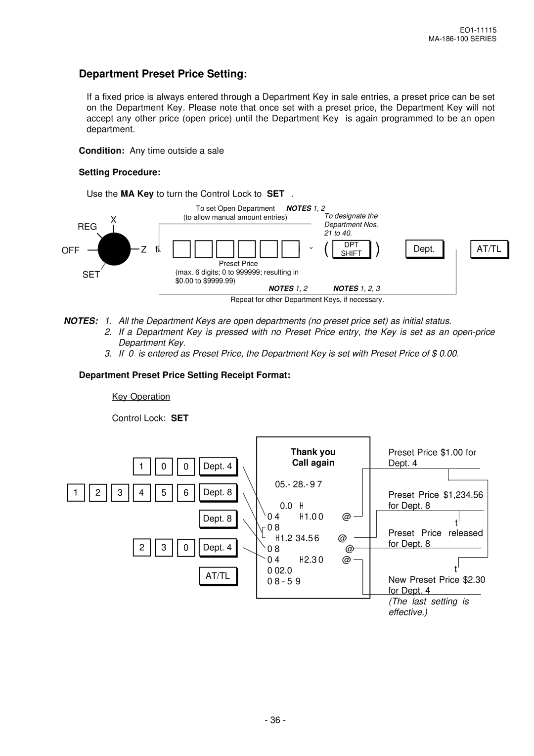 Toshiba MA-186-100 SERIES, EO1-11115 owner manual Department Preset Price Setting Receipt Format, 05.- 28.- 9 34.5 02.0 