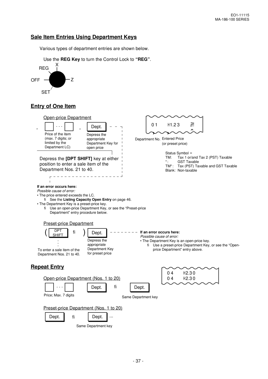 Toshiba MA-186-100 SERIES, EO1-11115 Sale Item Entries Using Department Keys, Entry of One Item, Repeat Entry 