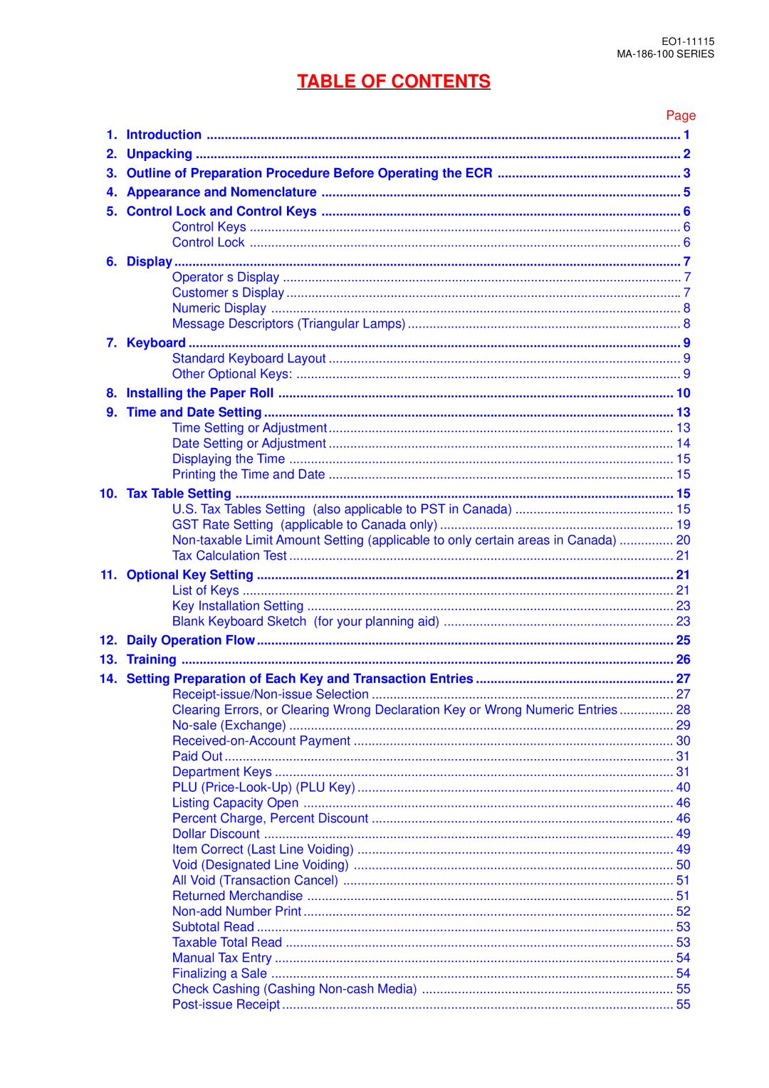 Toshiba EO1-11115, MA-186-100 SERIES owner manual Table of Contents 