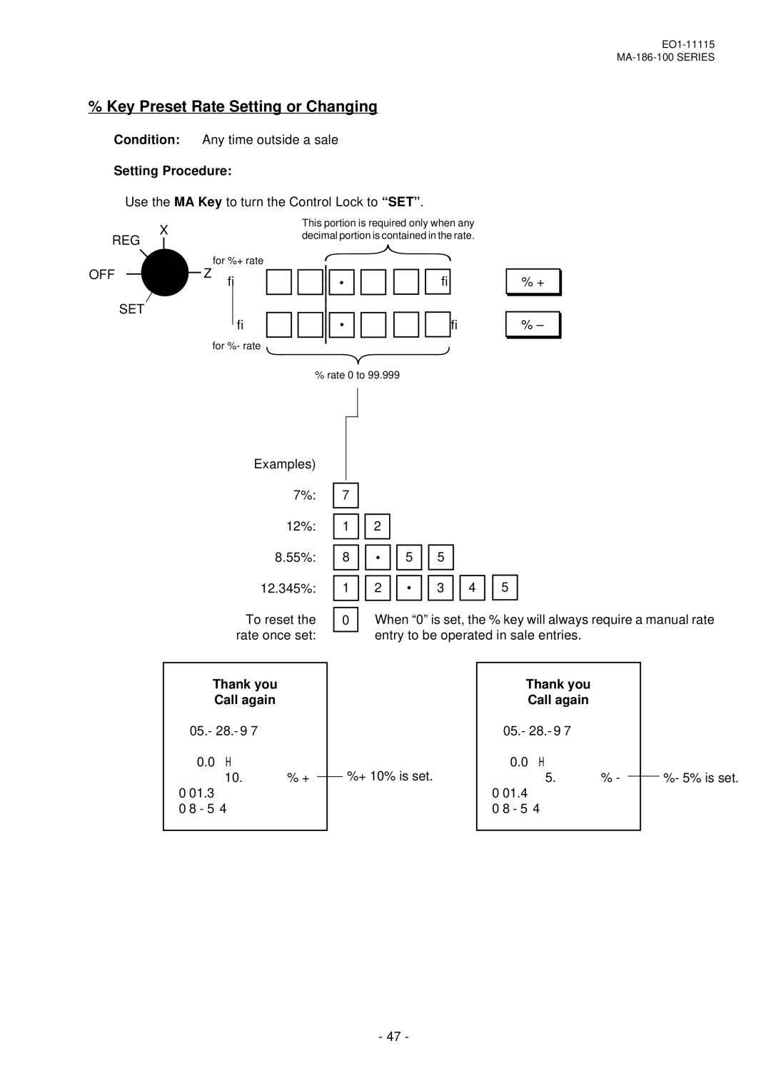 Toshiba EO1-11115, MA-186-100 SERIES Key Preset Rate Setting or Changing, 05.- 28.- 9 10. % + 01.3, 05.- 28.- 9 01.4 