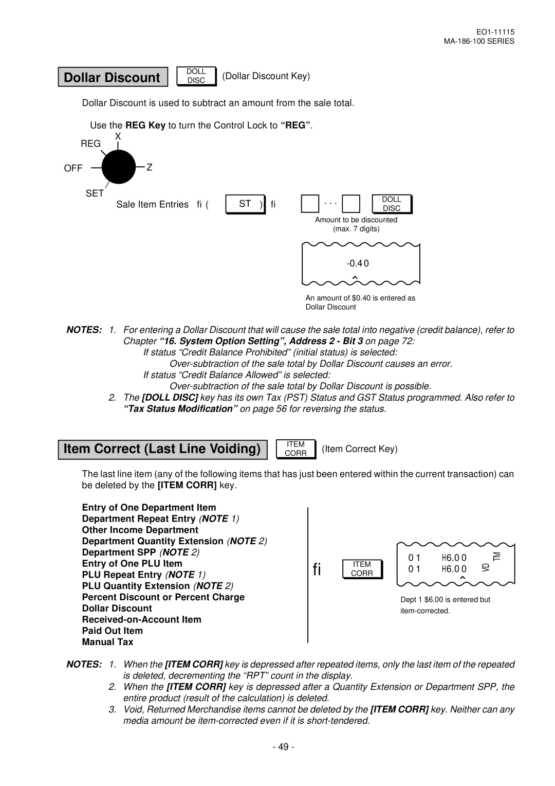 Toshiba MA-186-100 SERIES, EO1-11115 owner manual Dollar Discount, Item Correct Last Line Voiding 