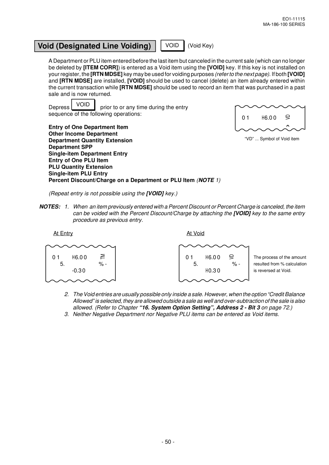 Toshiba EO1-11115, MA-186-100 SERIES Void Designated Line Voiding, Repeat entry is not possible using the Void key 