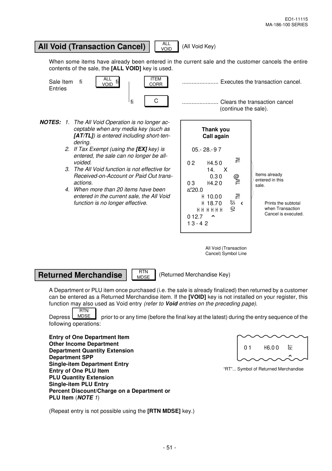 Toshiba MA-186-100 SERIES, EO1-11115 owner manual All Void Transaction Cancel, Returned Merchandise, 18.7 