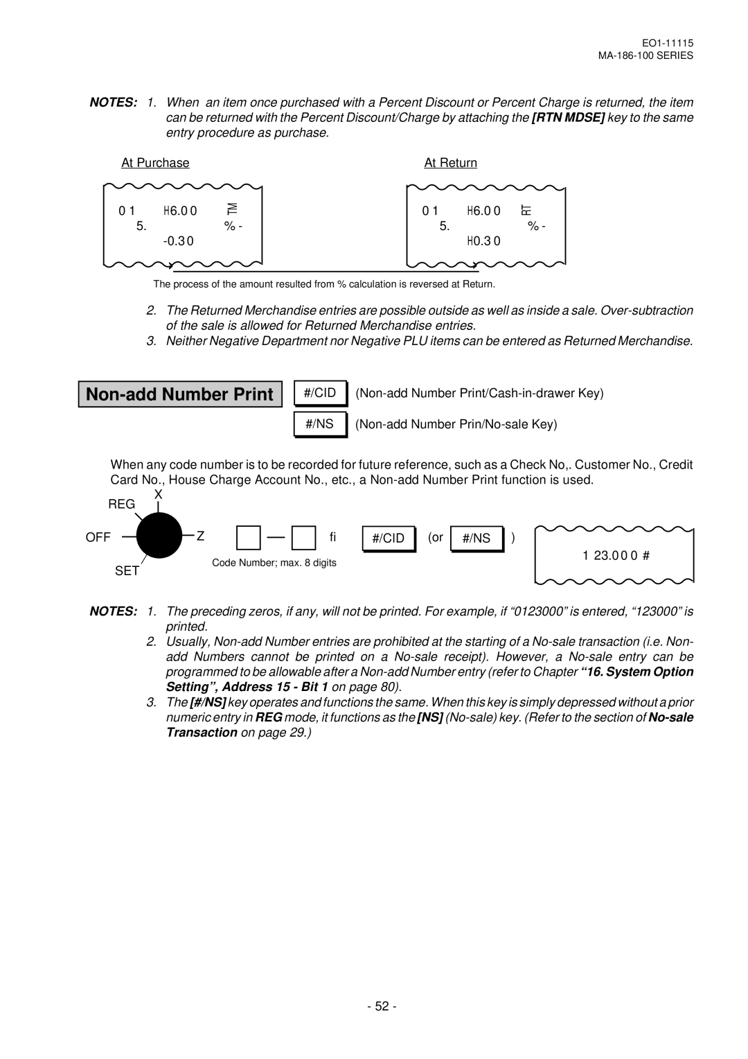 Toshiba MA-186-100 SERIES, EO1-11115 owner manual Non-add Number Print, Set #/Cid, 23.0 0 0 # 